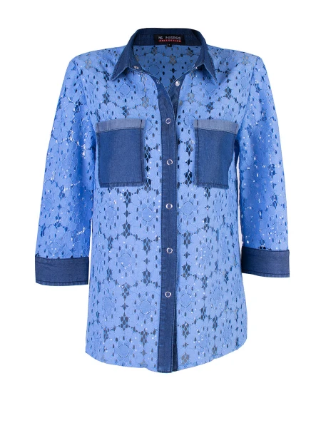 Луксозна Дамска Риза от Синя Памучна Дантела с Тенсел 24122 / 2024