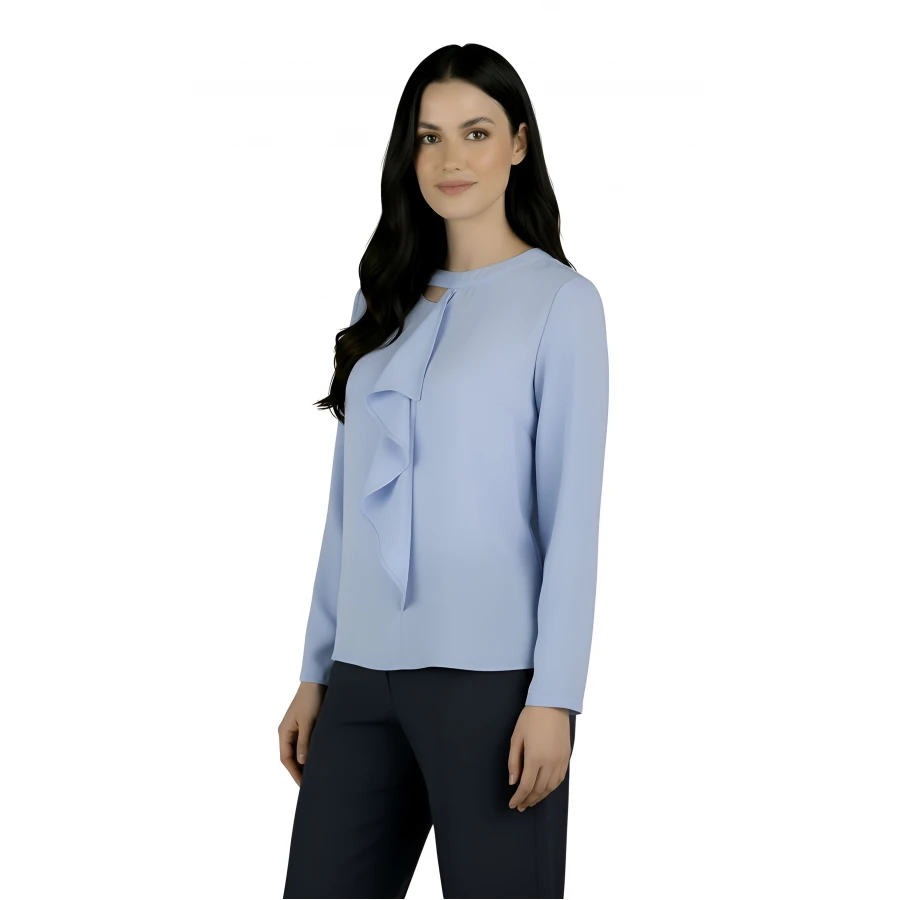 Ефирна Дамска Блуза в Светло Син Цвят с Волан 25111 / 2025 Ефирна Дамска Блуза в Светло Син Цвят с Волан 25111 / 2025