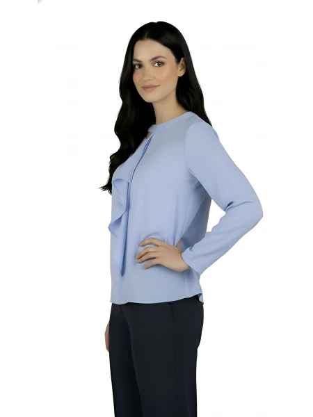 Ефирна Дамска Блуза в Светло Син Цвят с Волан 25111 / 2025 Ефирна Дамска Блуза в Светло Син Цвят с Волан 25111 / 2025
