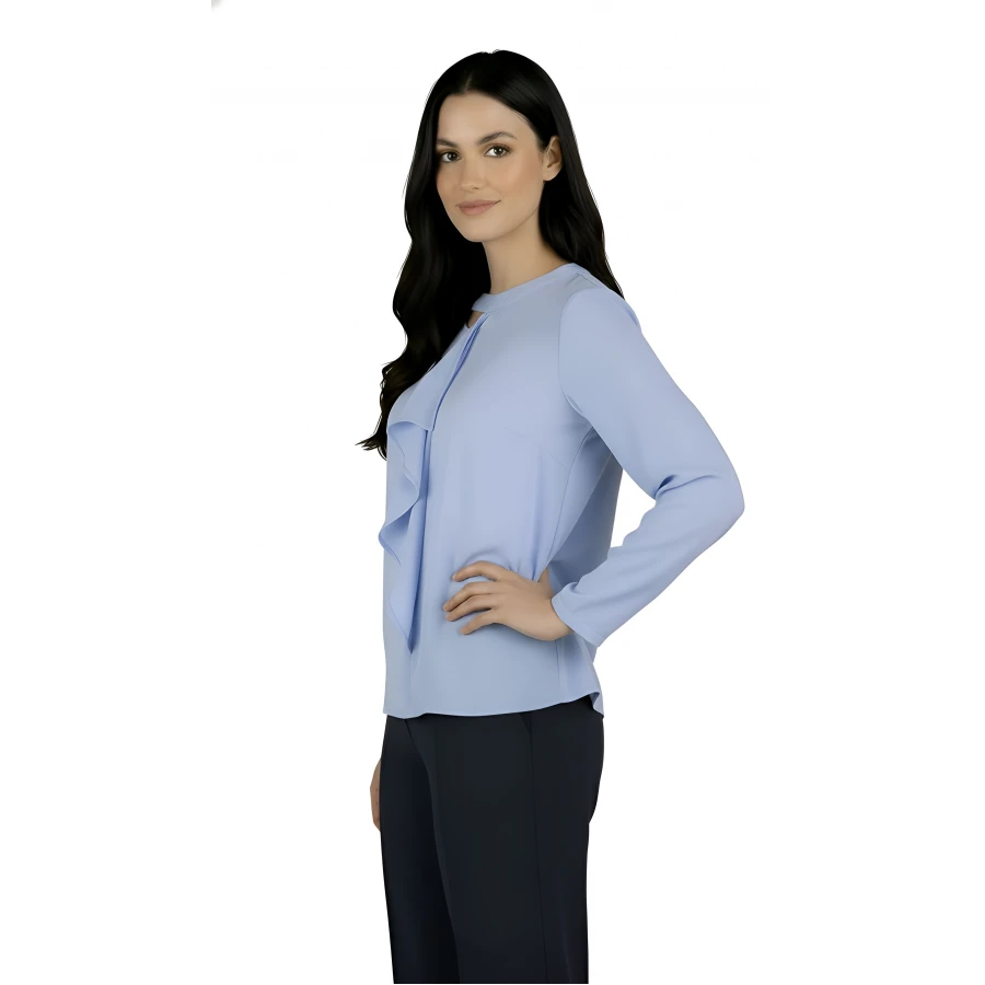 Ефирна Дамска Блуза в Светло Син Цвят с Волан 25111 / 2025 Ефирна Дамска Блуза в Светло Син Цвят с Волан 25111 / 2025