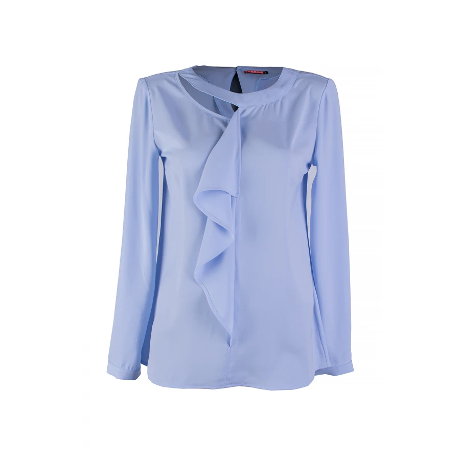 Ефирна Дамска Блуза в Светло Син Цвят с Волан 25111 / 2025 Ефирна Дамска Блуза в Светло Син Цвят с Волан 25111 / 2025