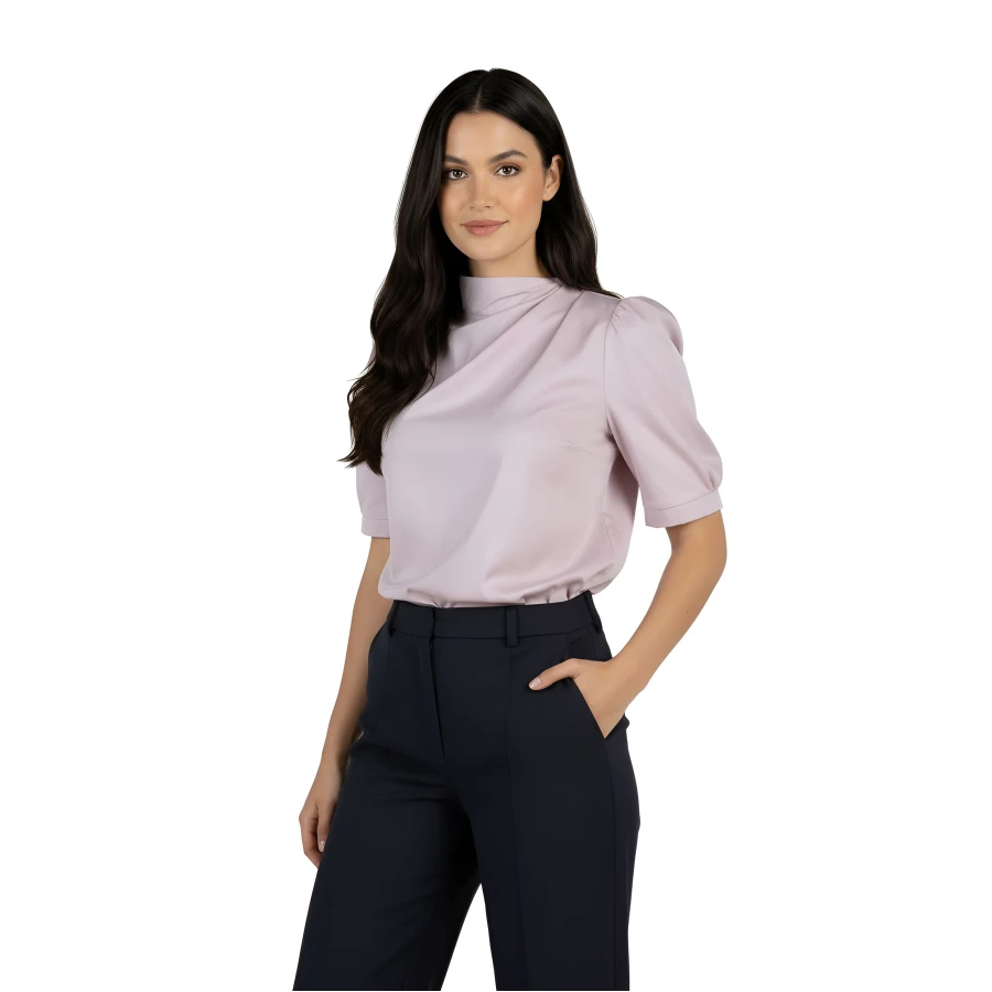 Kadın Pudra Rengi Kısa Pudra Kollu Bluz 25115 Pembe / 2025