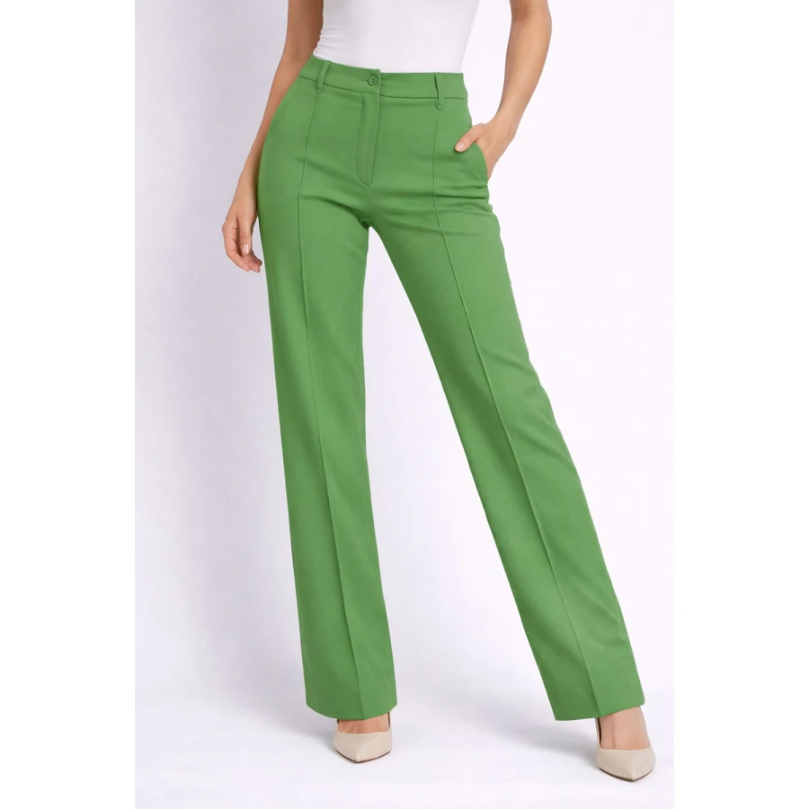 Зелен Елегантен Панталон с Прав / Широк Крачол 26105