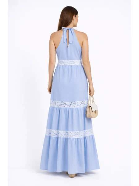 Rochie albastru deschis de vara cu dantela alba 24154 / 2024