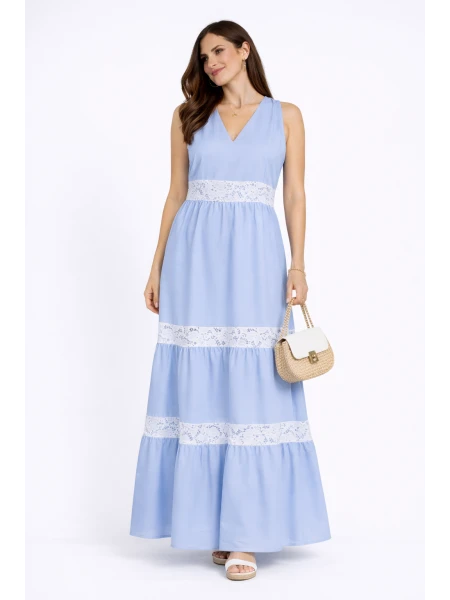 Rochie albastru deschis de vara cu dantela alba 24154 / 2024