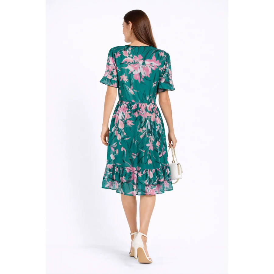 Fırfırlı Yeşil Çiçekli Elbise 24162 / 2024