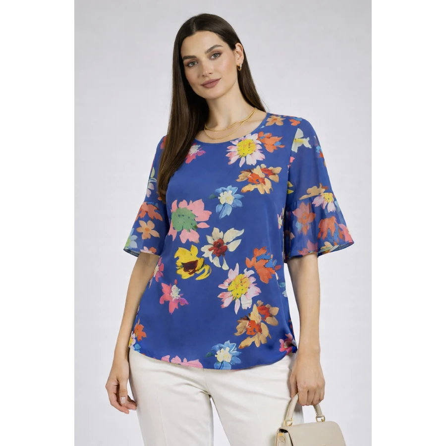 Многоцветна Дамска Блуза със Синя Основа – Флорален Стил 2026 26115 / 2026 Многоцветна Дамска Блуза със Синя Основа – Флорален Стил 2026 26115 / 2026