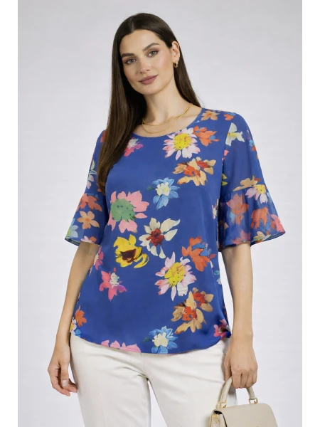 Bluză de damă multicoloră cu bază albastră – Stil floral 2026 26115 / 2026
