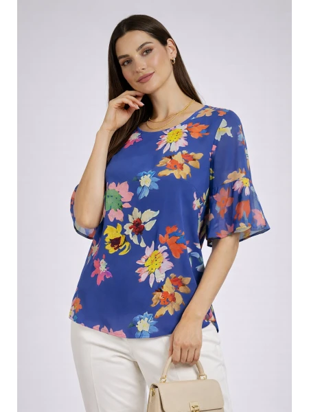 Многоцветна Дамска Блуза със Синя Основа – Флорален Стил 2026 26115 / 2026