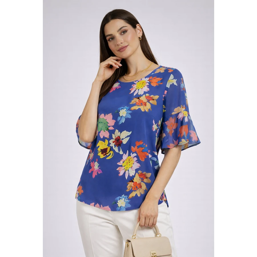 Многоцветна Дамска Блуза със Синя Основа – Флорален Стил 2026 26115 / 2026 Многоцветна Дамска Блуза със Синя Основа – Флорален Стил 2026 26115 / 2026