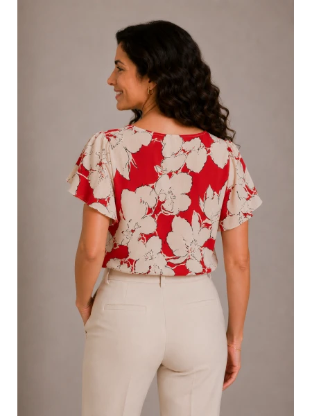 Summer Blouse in Viscose and Cotton with Colorful Red Print 26115 / 2026