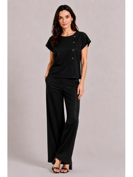 Черен Дамски Комплект от Тенсел с Блуза и Широк Панталон 26131 - 128 black / 2026