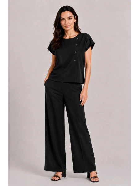 Черен Дамски Комплект от Тенсел с Блуза и Широк Панталон 26131 - 128 black / 2026
