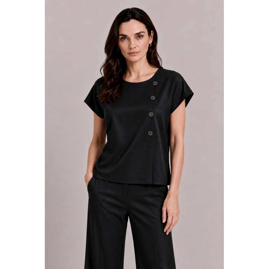 Черен Дамски Комплект от Тенсел с Блуза и Широк Панталон 26131 - 128 black / 2026 Черен Дамски Комплект от Тенсел с Блуза и Широк Панталон 26131 - 128 black / 2026