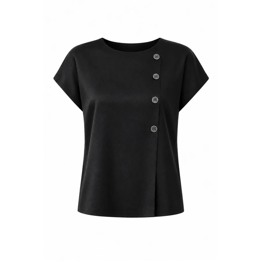 Черен Дамски Комплект от Тенсел с Блуза и Широк Панталон 26131 - 128 black / 2026 Черен Дамски Комплект от Тенсел с Блуза и Широк Панталон 26131 - 128 black / 2026