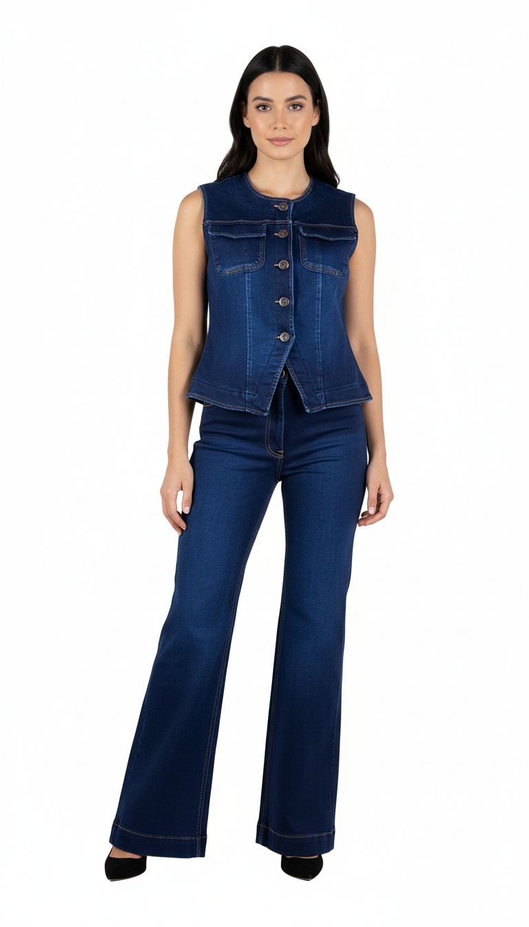 Vestă clasică din denim matlasat pentru femei – Guler rotund 25523 / 2025 Vestă clasică din denim matlasat pentru femei – Guler rotund 25523 / 2025