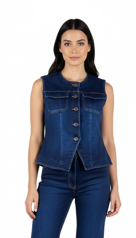 Vestă clasică din denim matlasat pentru femei – Guler rotund 25523 / 2025 Vestă clasică din denim matlasat pentru femei – Guler rotund 25523 / 2025