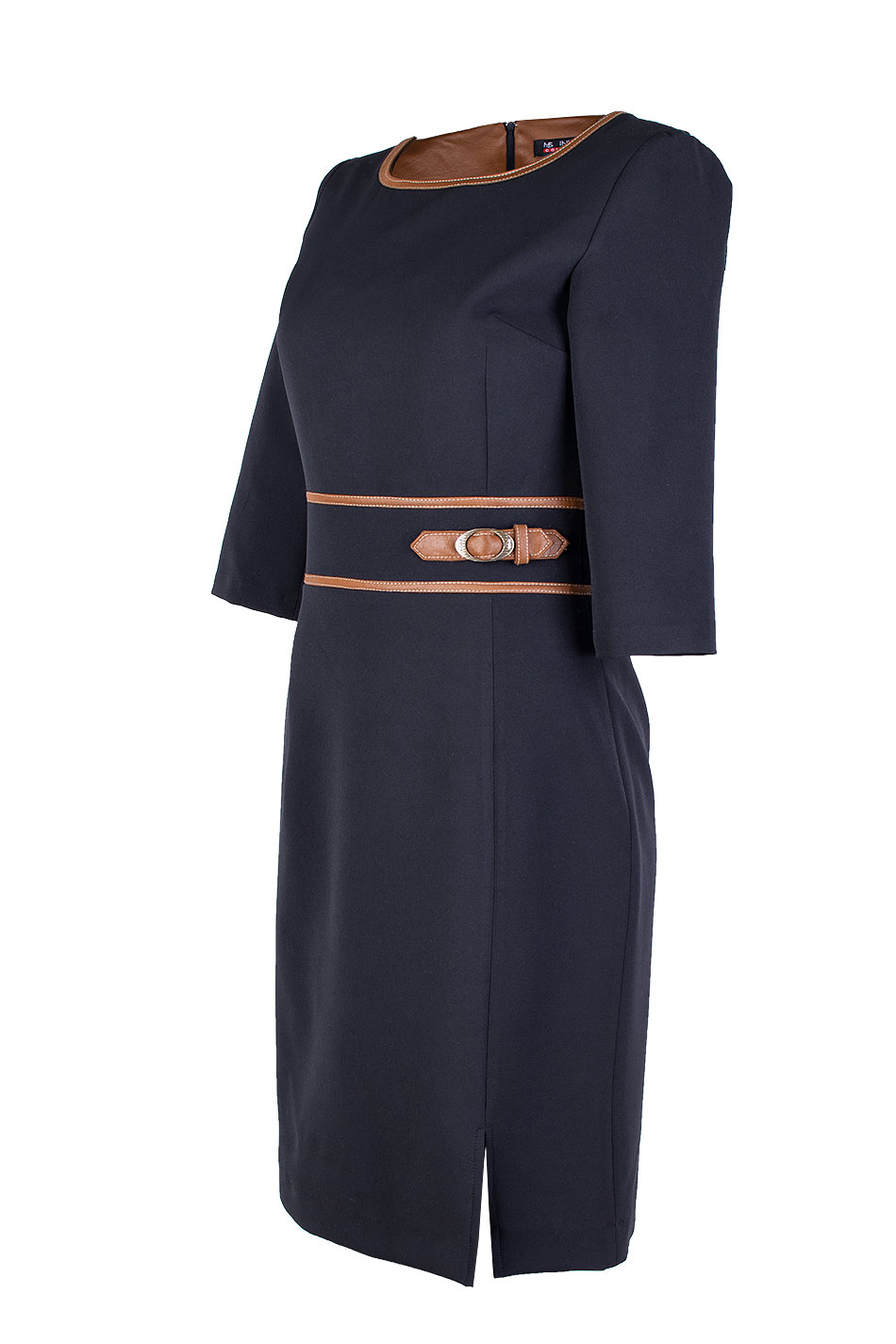 Elegant Black Dress with Leather in Camel Color 25516 / 2025 Elegant Black Dress with Leather in Camel Color 25516 / 2025