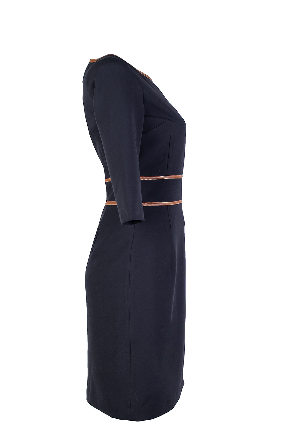 Elegant Black Dress with Leather in Camel Color 25516 / 2025 Elegant Black Dress with Leather in Camel Color 25516 / 2025