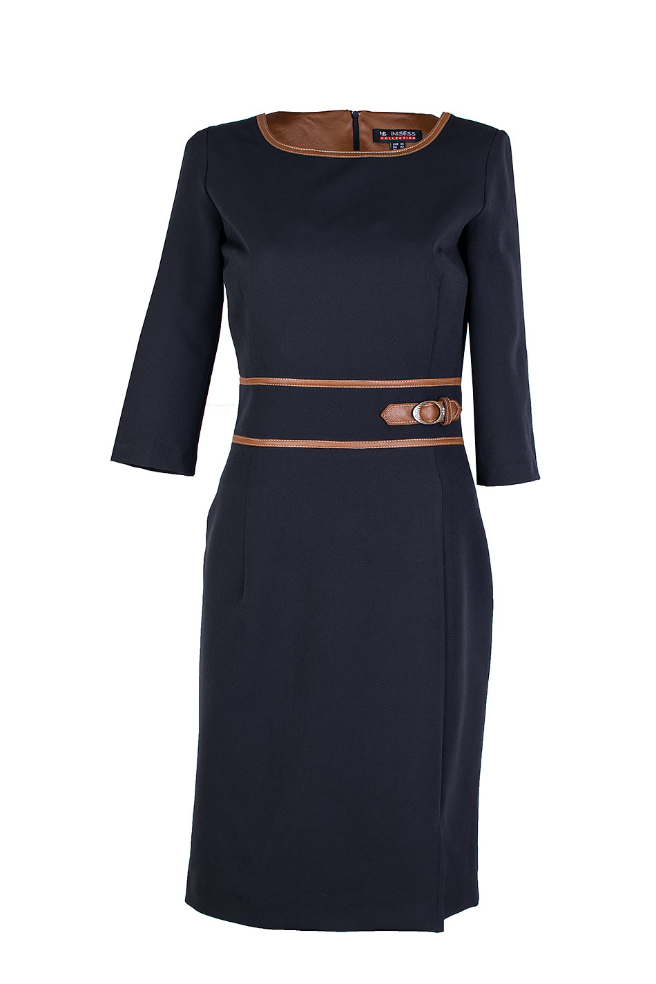 Elegant Black Dress with Leather in Camel Color 25516 / 2025 Elegant Black Dress with Leather in Camel Color 25516 / 2025