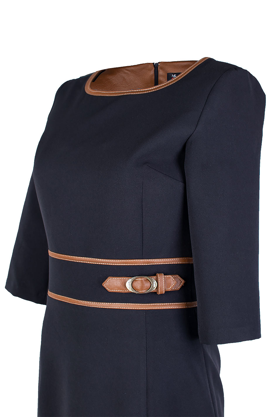 Elegant Black Dress with Leather in Camel Color 25516 / 2025 Elegant Black Dress with Leather in Camel Color 25516 / 2025