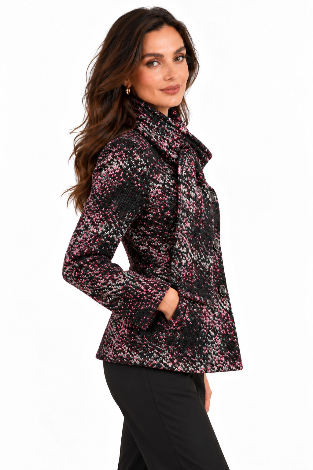 Wool Coat with Shawl Collar and Pink-Purple Mosaic Pattern 26507 / 2026