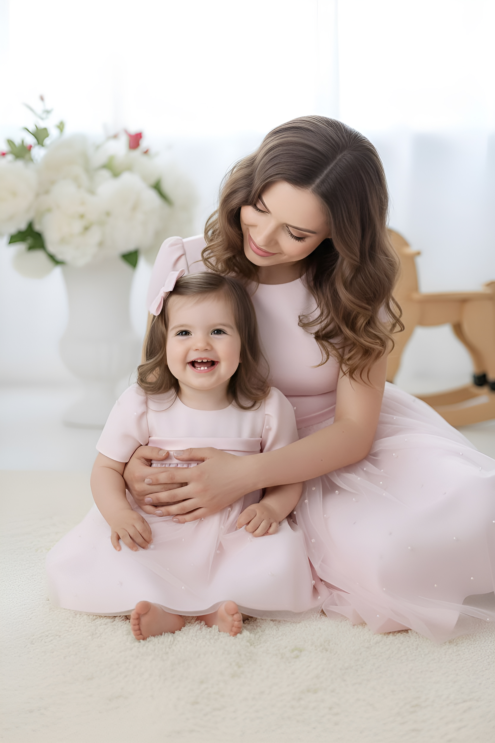 Set Rochie Mamă și Fiică – Roz Bej cu Tul și Perle 25701 - 702 / 2025 Set Rochie Mamă și Fiică – Roz Bej cu Tul și Perle 25701 - 702 / 2025