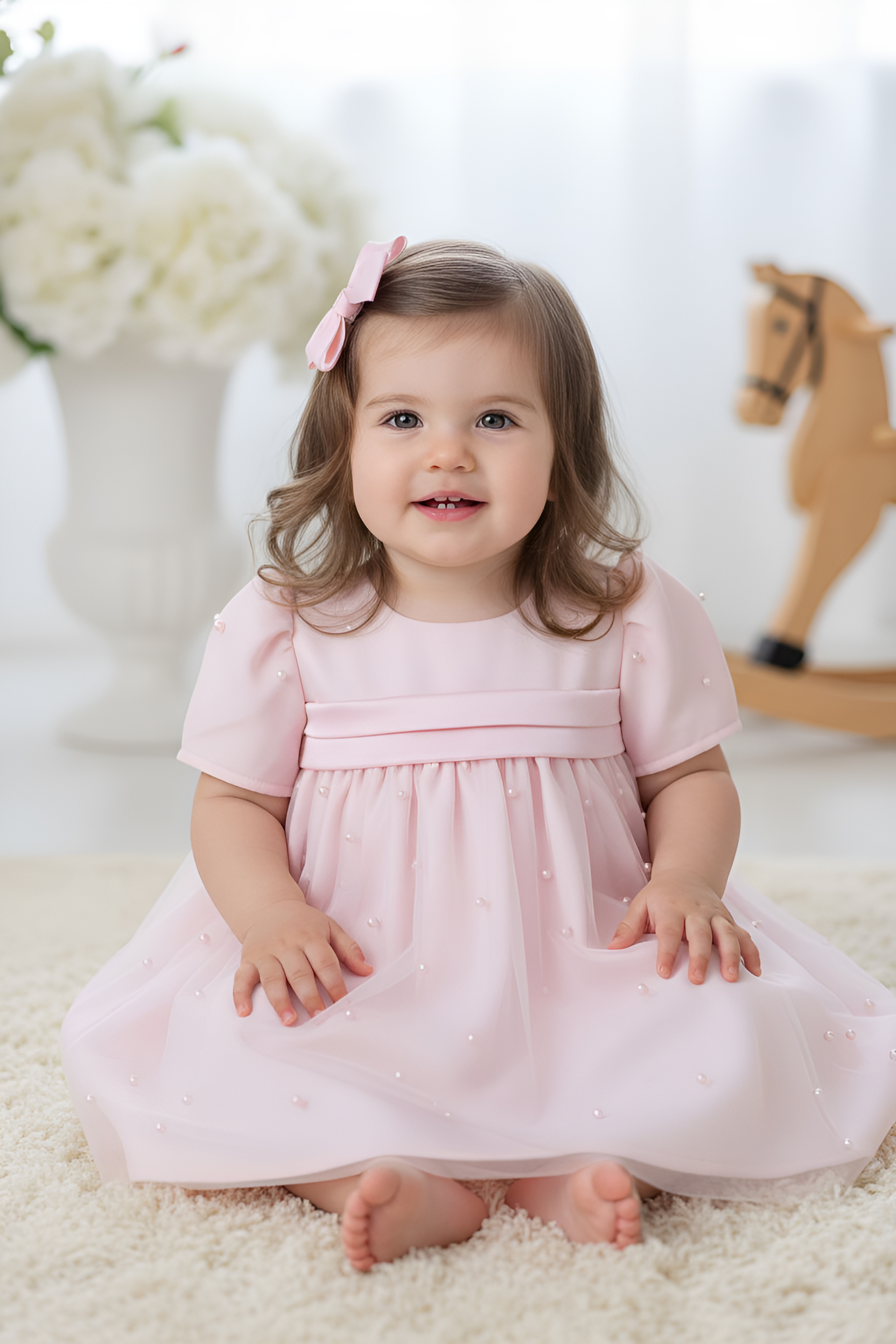 Set Rochie Mamă și Fiică – Roz Bej cu Tul și Perle 25701 - 702 / 2025 Set Rochie Mamă și Fiică – Roz Bej cu Tul și Perle 25701 - 702 / 2025
