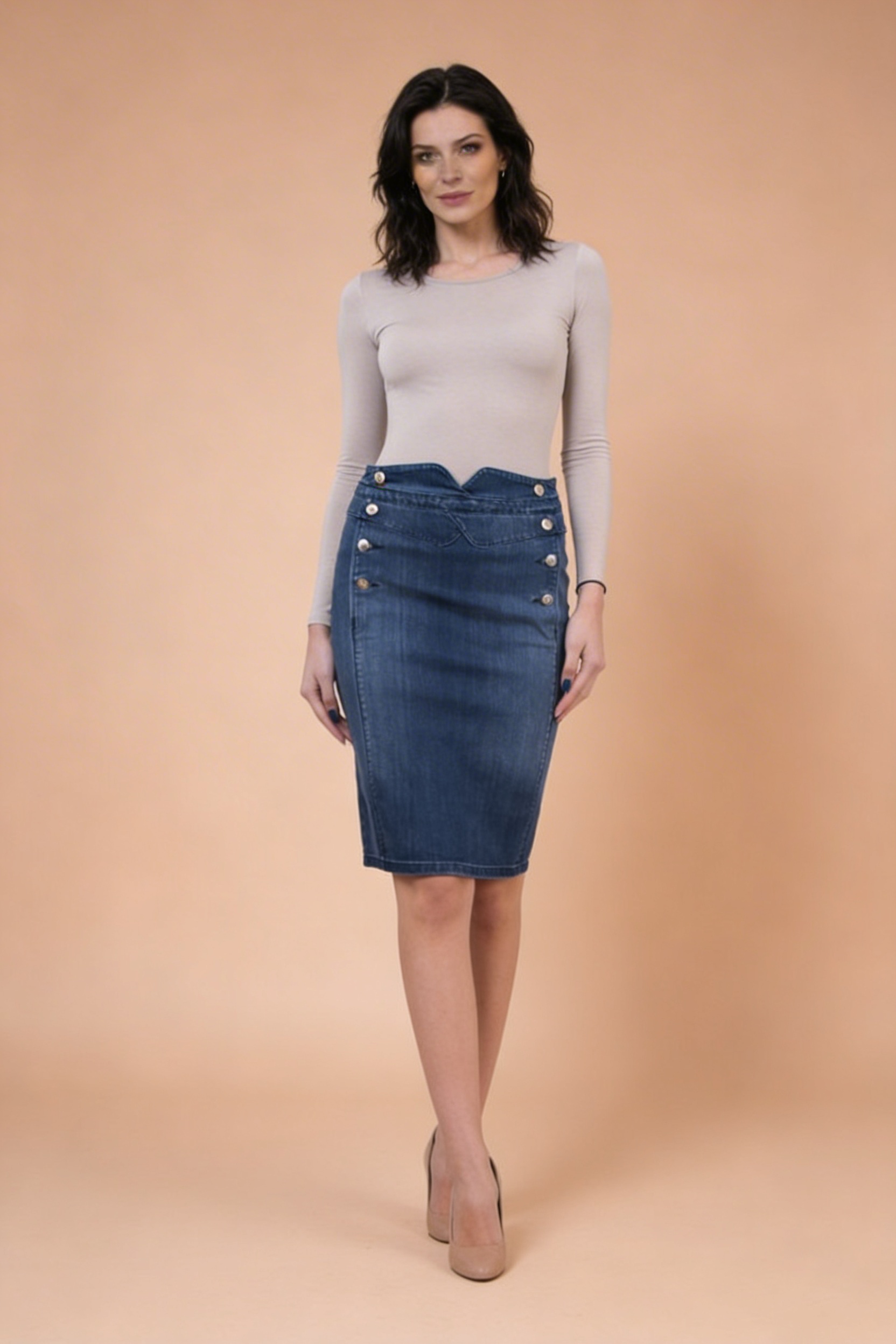 Fusta din denim cu nasturi decorative 18101 / 2018 Fusta din denim cu nasturi decorative 18101 / 2018