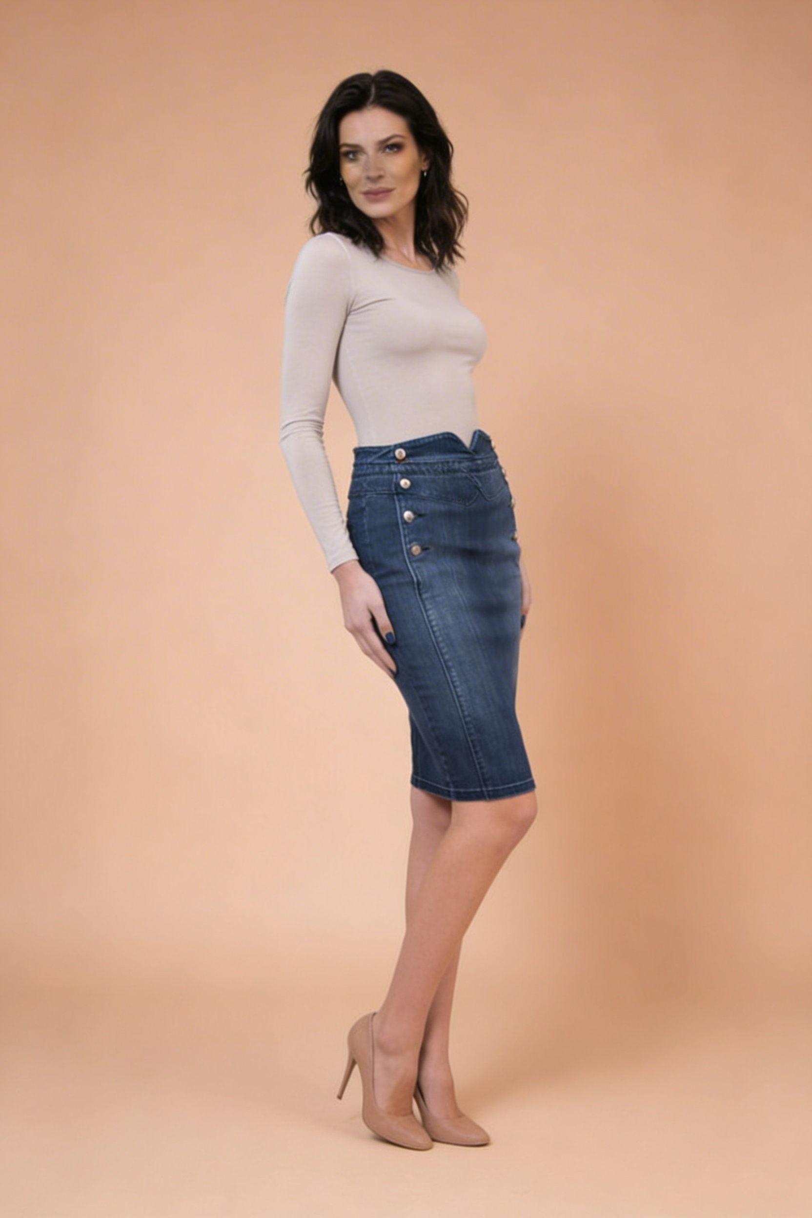Fusta din denim cu nasturi decorative 18101 / 2018 Fusta din denim cu nasturi decorative 18101 / 2018