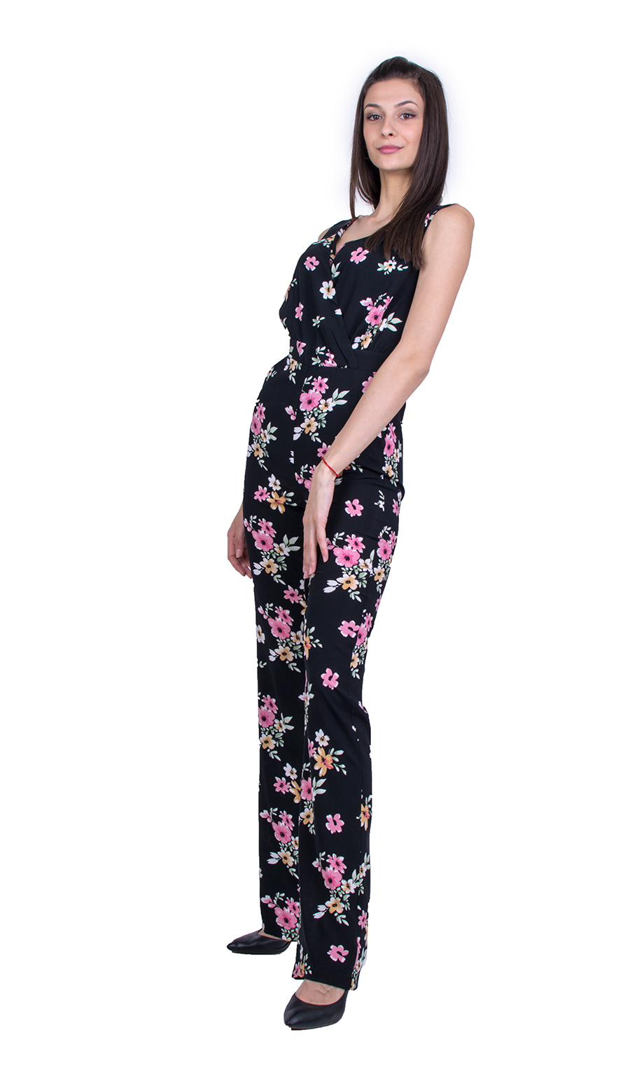 Salopetă de damă neagră cu model floral 21161