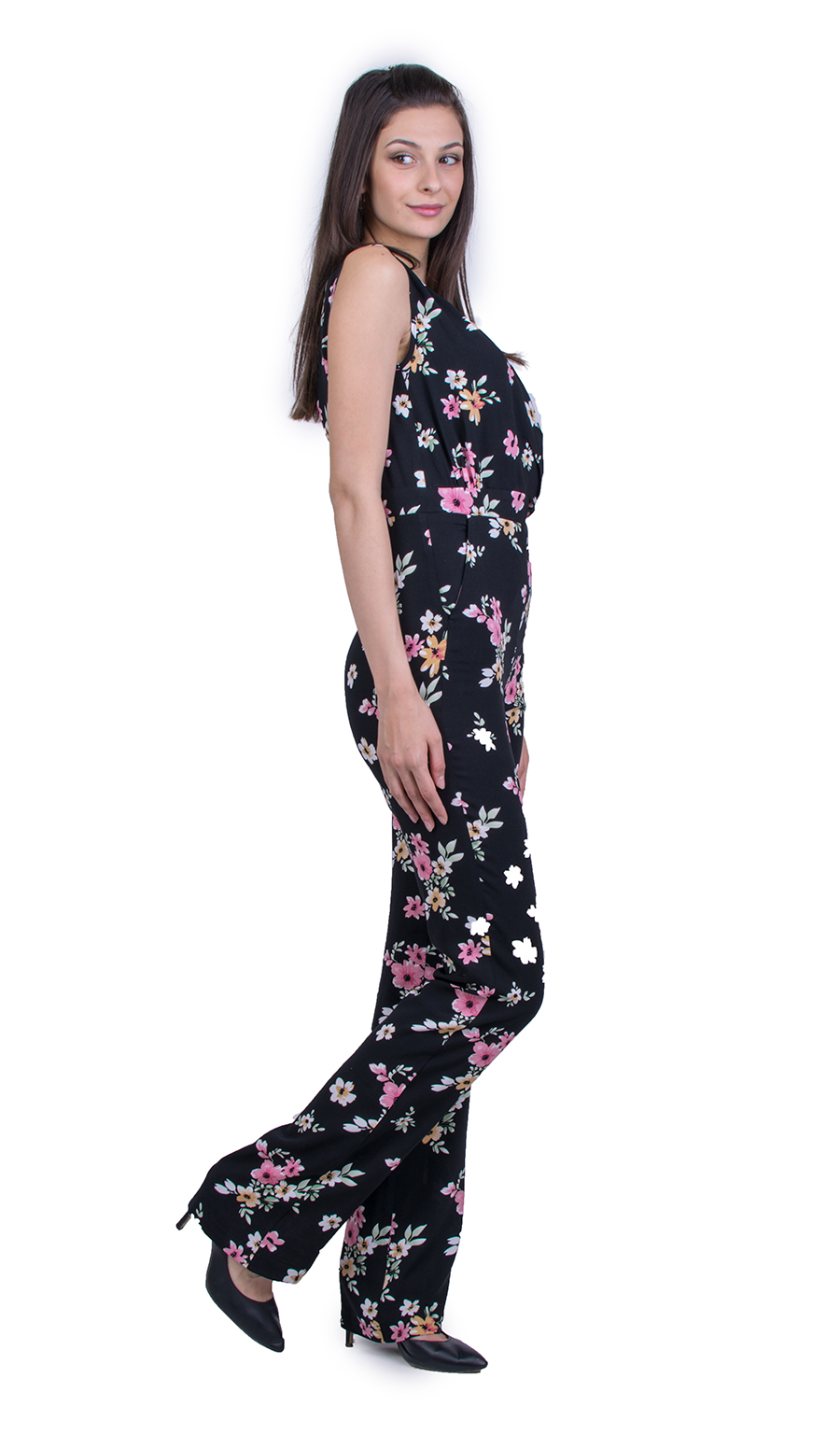 Salopetă de damă neagră cu model floral 21161