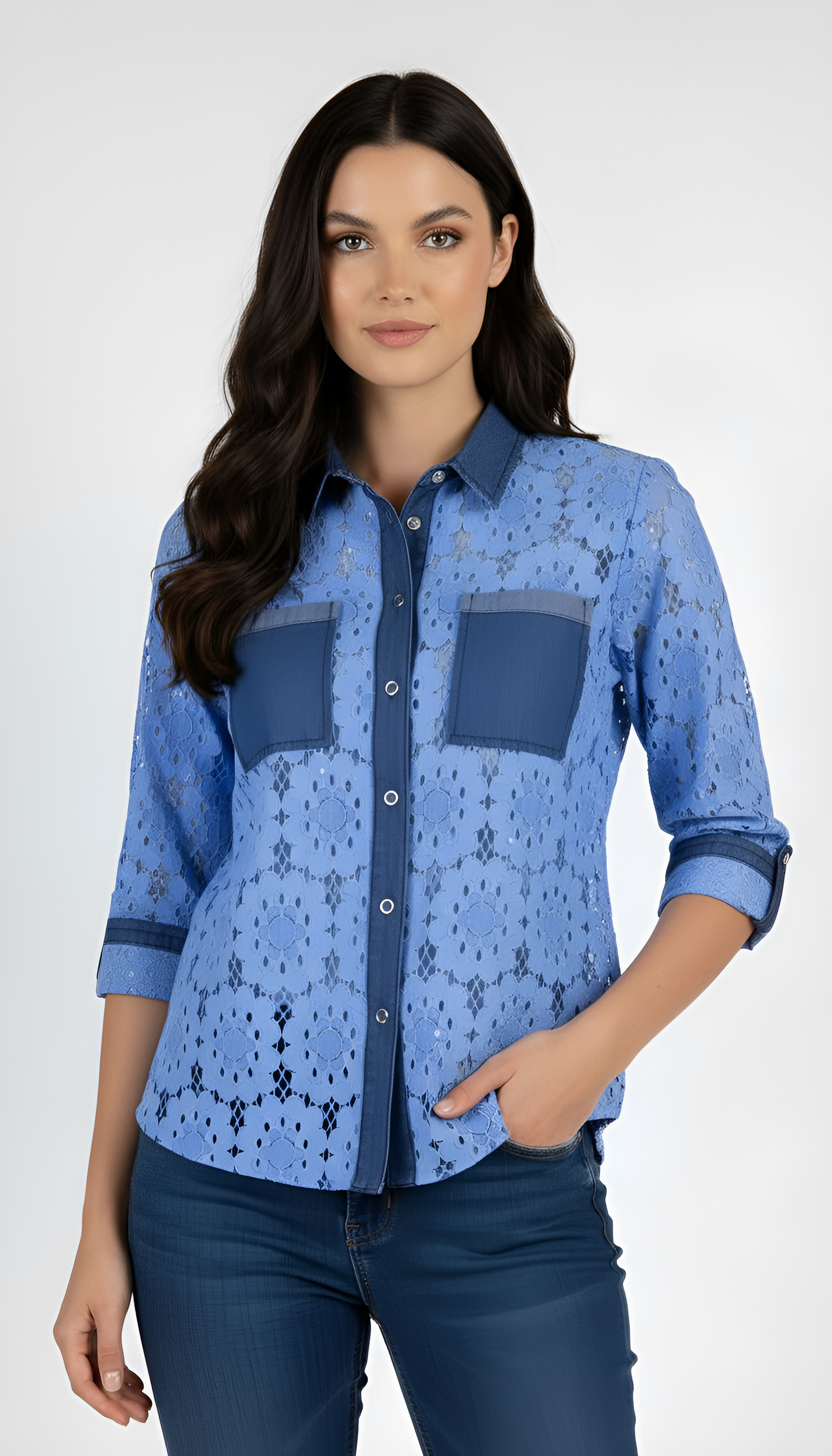 Cămașă de lux din dantelă de bumbac albastră cu Tencel 2122 / 2024 Cămașă de lux din dantelă de bumbac albastră cu Tencel 2122 / 2024