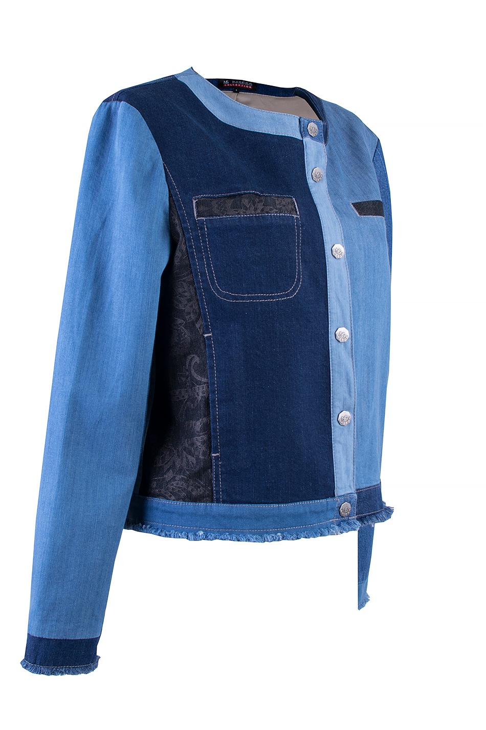Jachetă din denim pentru femei Patchwork 24117 / 2024 Jachetă din denim pentru femei Patchwork 24117 / 2024