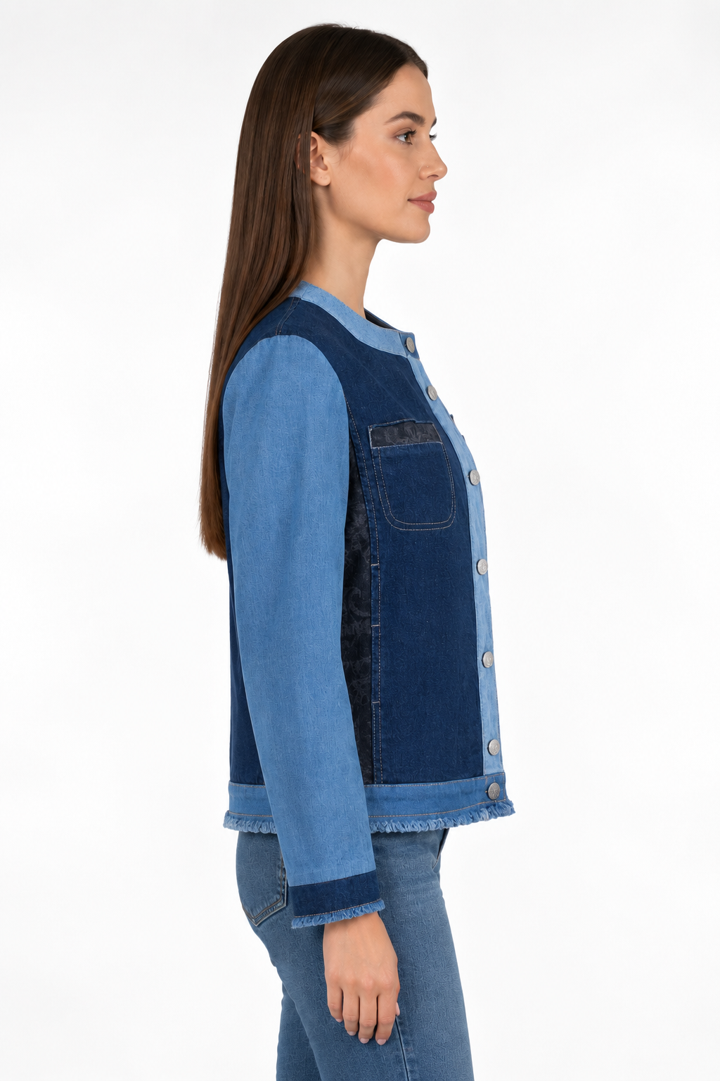Jachetă din denim pentru femei Patchwork 24117 / 2024 Jachetă din denim pentru femei Patchwork 24117 / 2024