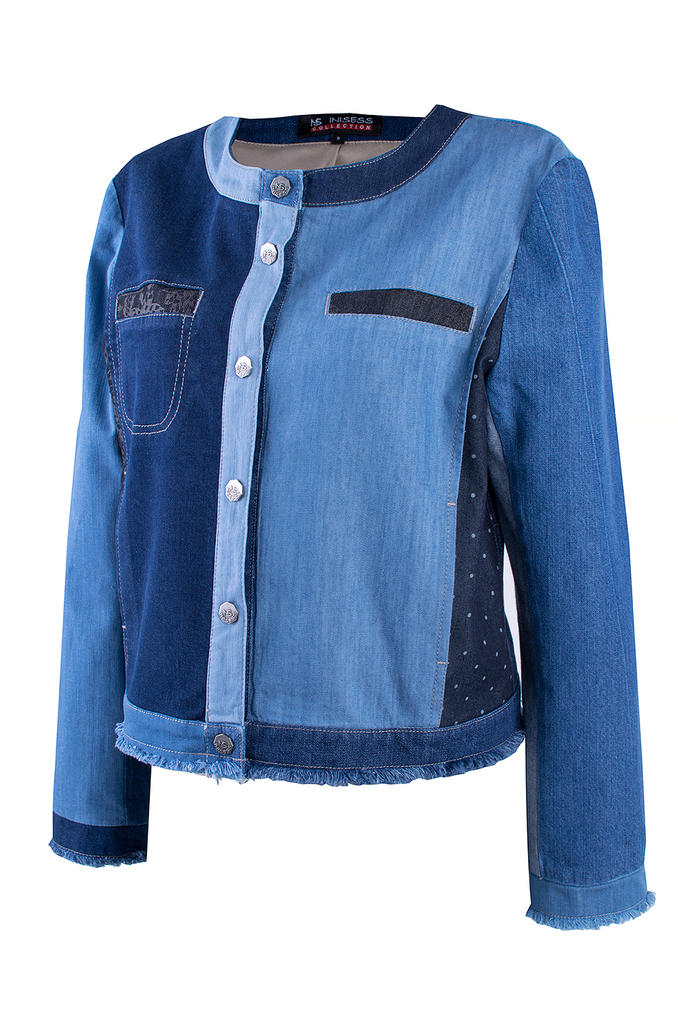 Jachetă din denim pentru femei Patchwork 24117 / 2024 Jachetă din denim pentru femei Patchwork 24117 / 2024