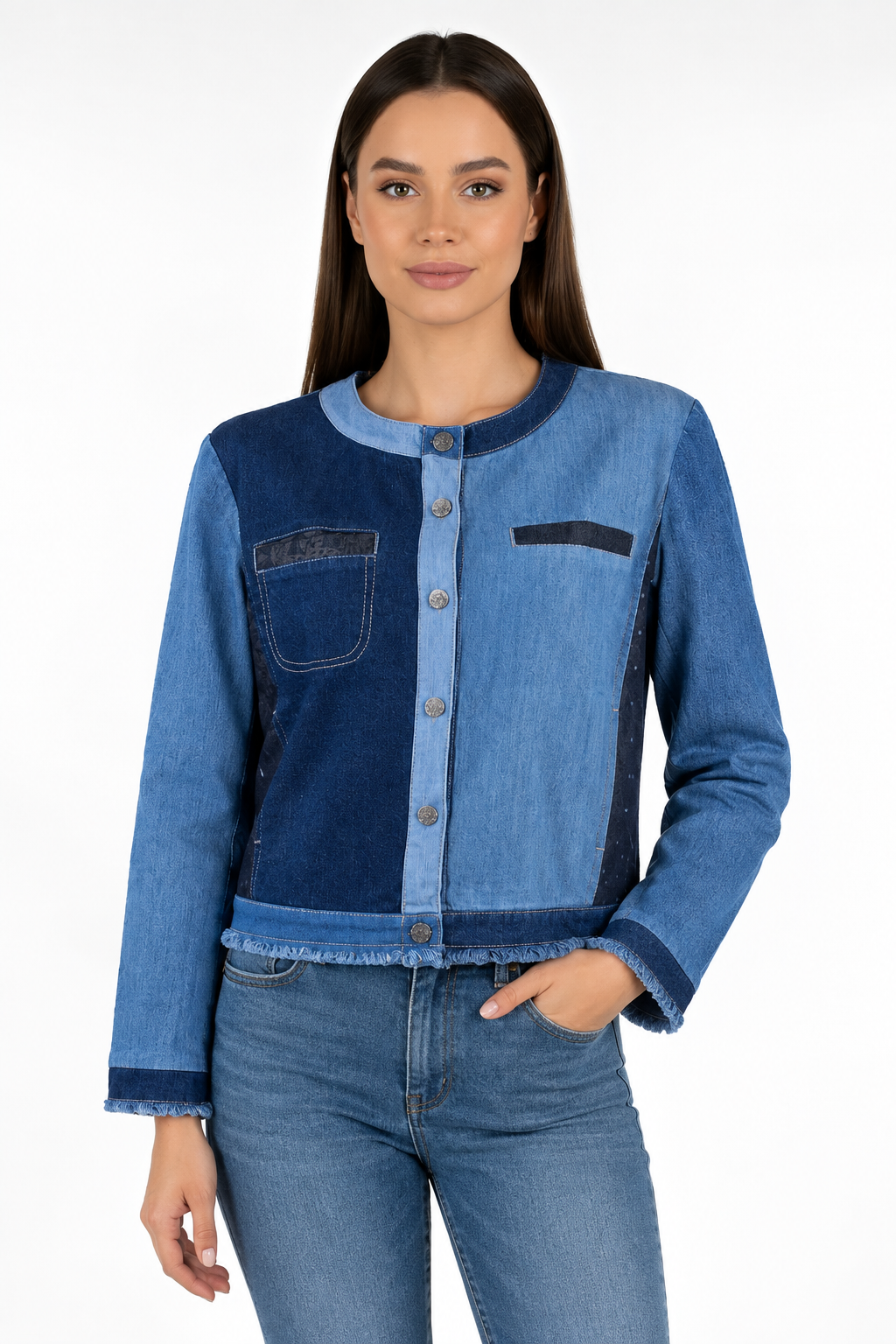 Jachetă din denim pentru femei Patchwork 24117 / 2024 Jachetă din denim pentru femei Patchwork 24117 / 2024