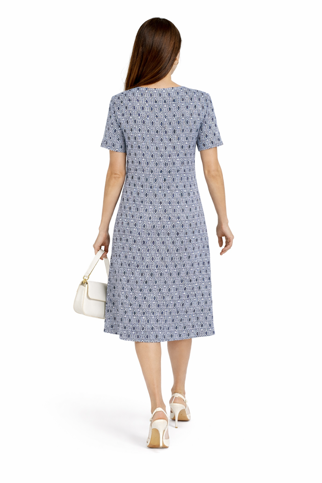 Rochie albă deschisă cu ornamente negre și buzunare practice 24136 / 2024