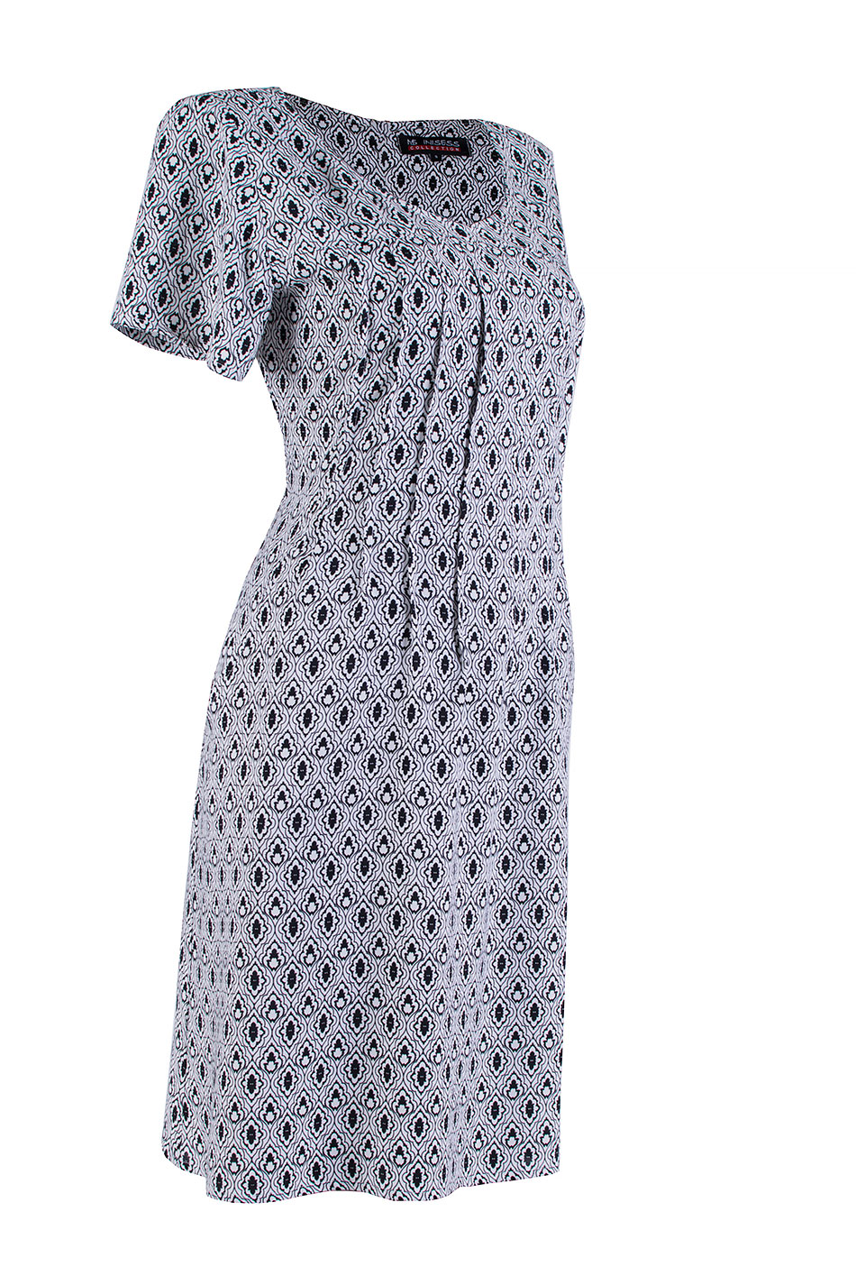 Rochie albă deschisă cu ornamente negre și buzunare practice 24136 / 2024