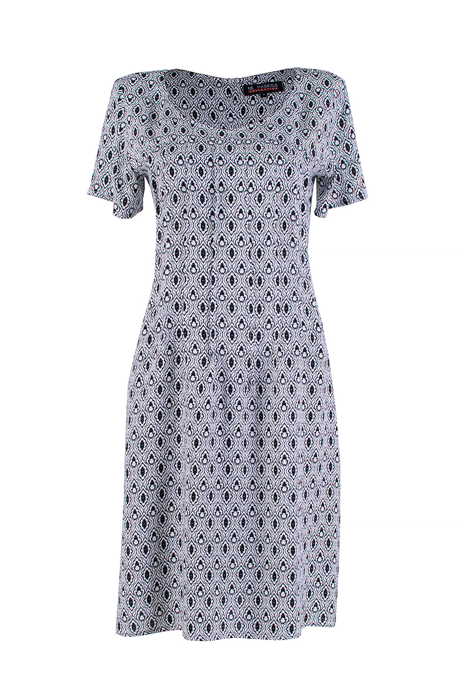 Rochie albă deschisă cu ornamente negre și buzunare practice 24136 / 2024