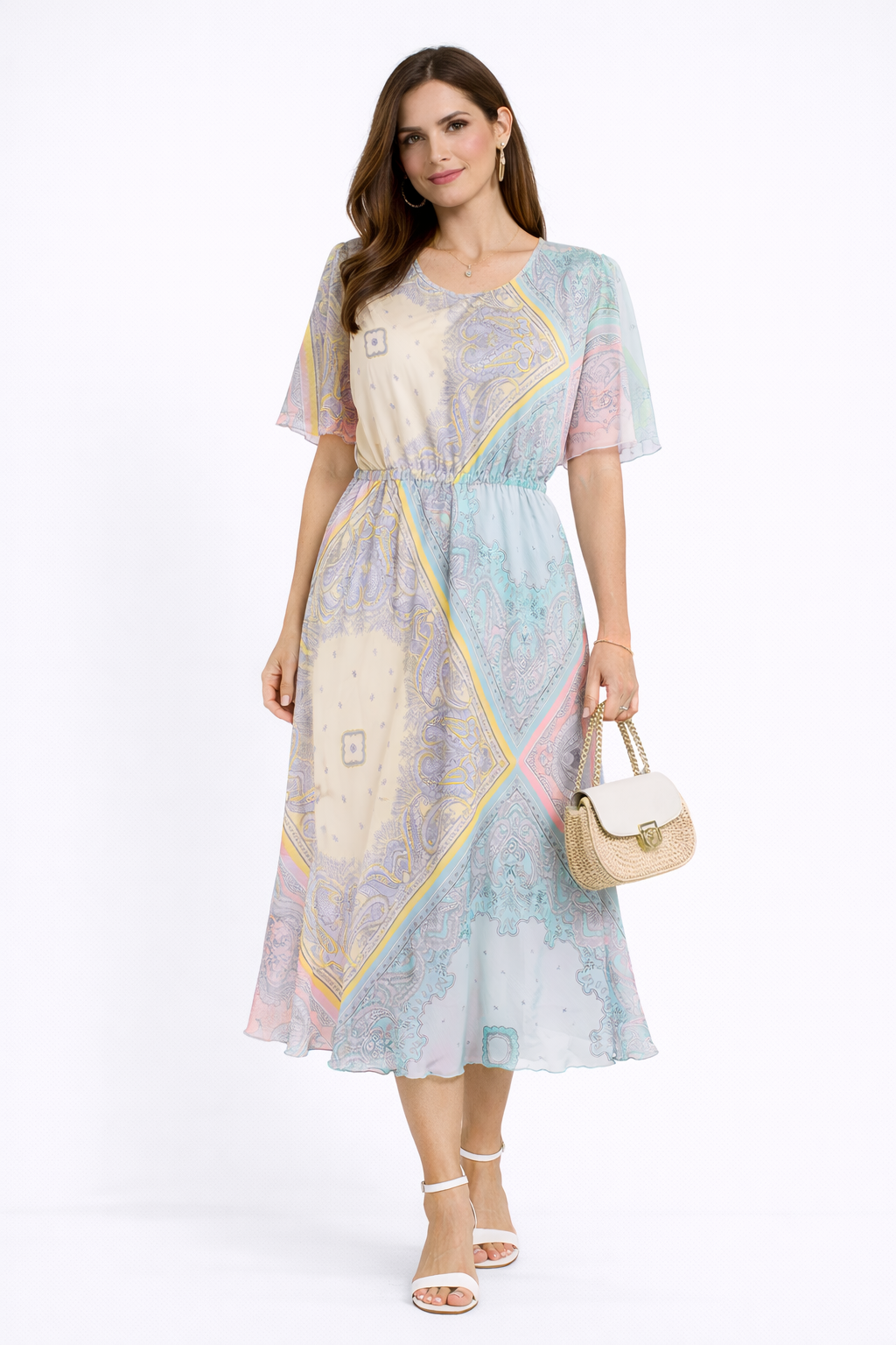 Rochie din sifon multicolor cu maneci reglabile 24152 / 2024 Rochie din sifon multicolor cu maneci reglabile 24152 / 2024