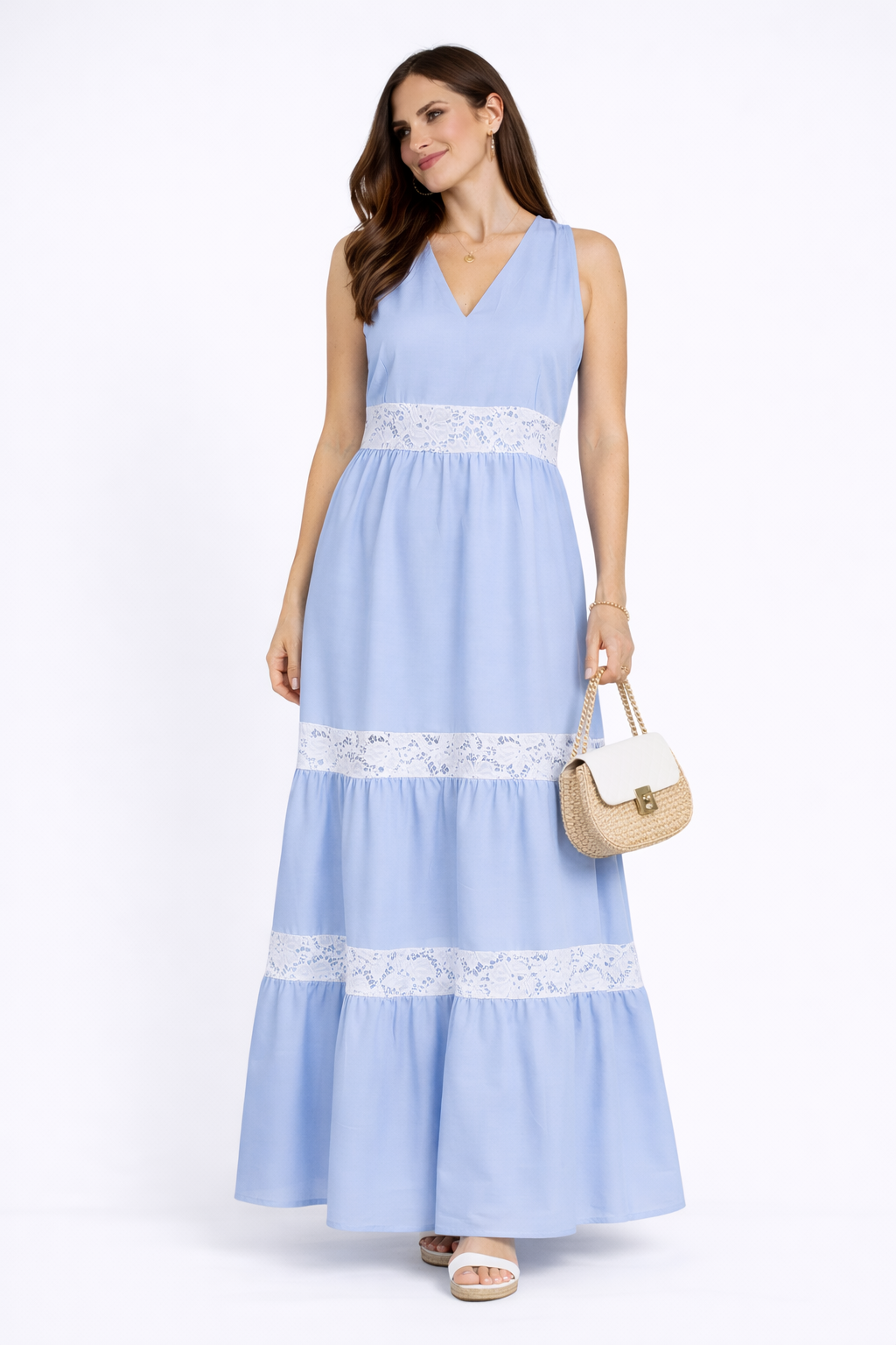 Rochie albastru deschis de vara cu dantela alba 24154 / 2024 Rochie albastru deschis de vara cu dantela alba 24154 / 2024