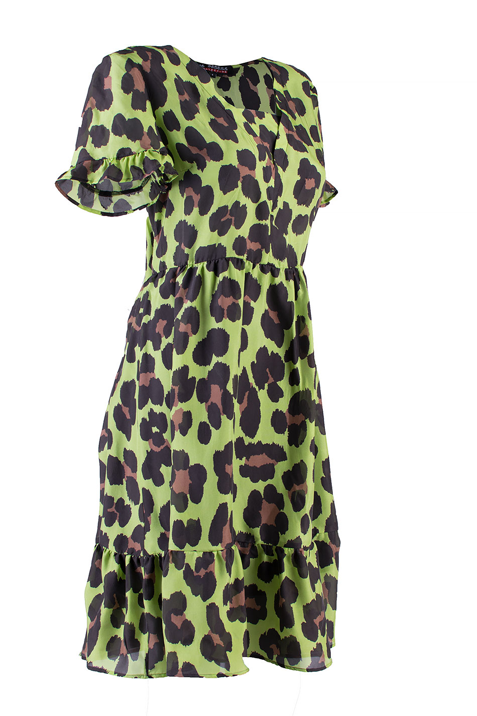 Rochie de damă galbenă - verde cu imprimeu leopard 24163 / 2024 Rochie de damă galbenă - verde cu imprimeu leopard 24163 / 2024