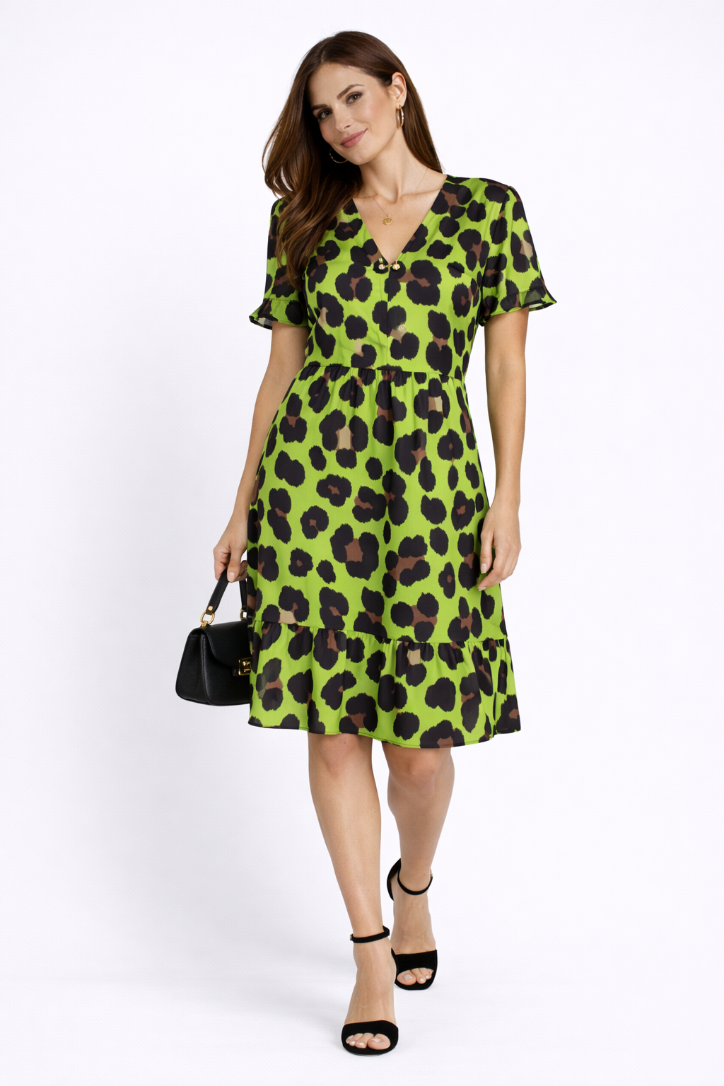 Rochie de damă galbenă - verde cu imprimeu leopard 24163 / 2024 Rochie de damă galbenă - verde cu imprimeu leopard 24163 / 2024