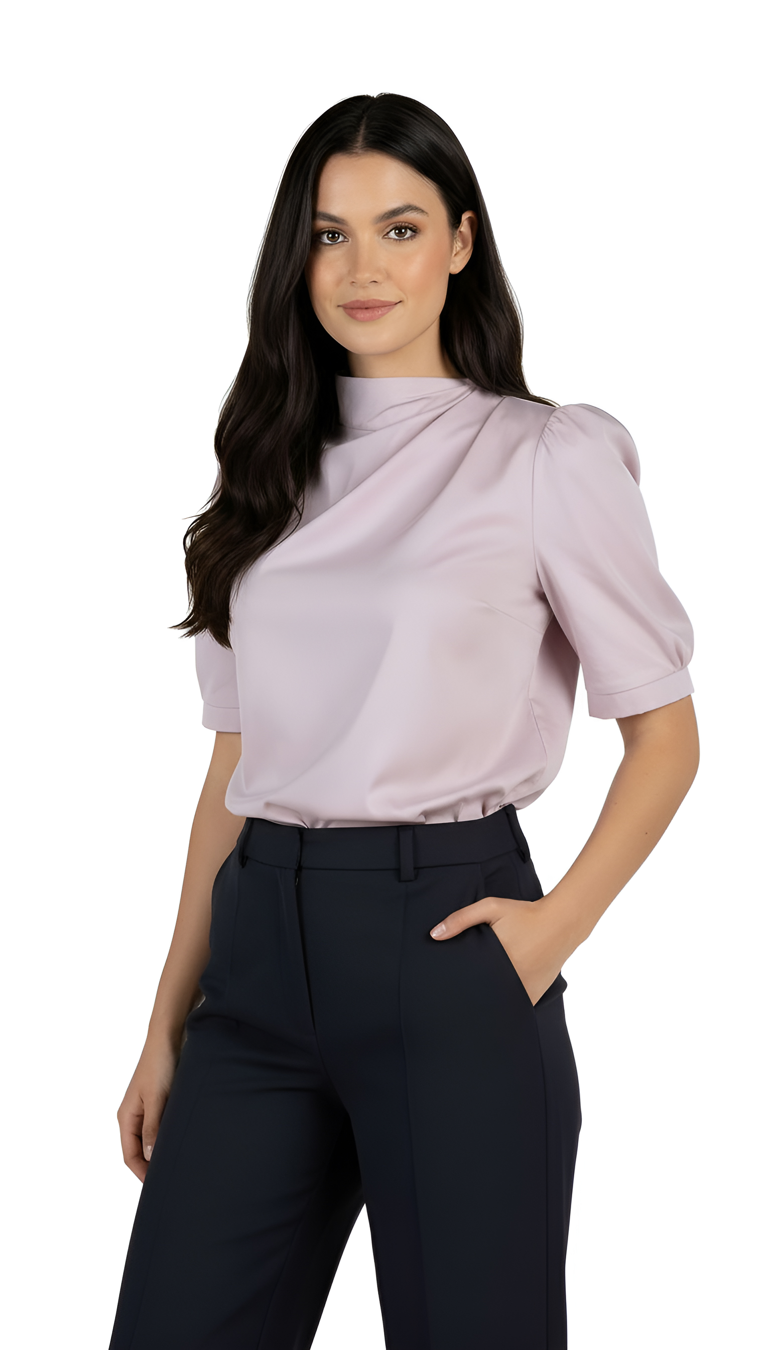 Women's Blouse in Powder Color with Short Puff Sleeve 25115 Pink / 2025