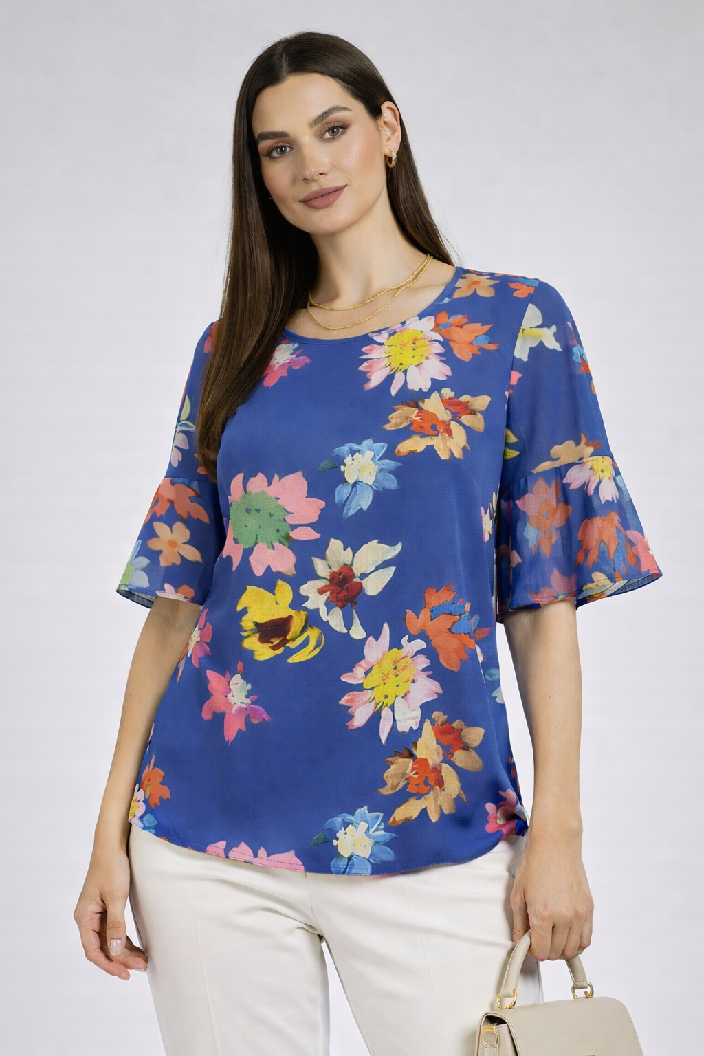Multicolored Women's Blouse with Blue Base – Floral Style 2026 26115 / 2026 Multicolored Women's Blouse with Blue Base – Floral Style 2026 26115 / 2026