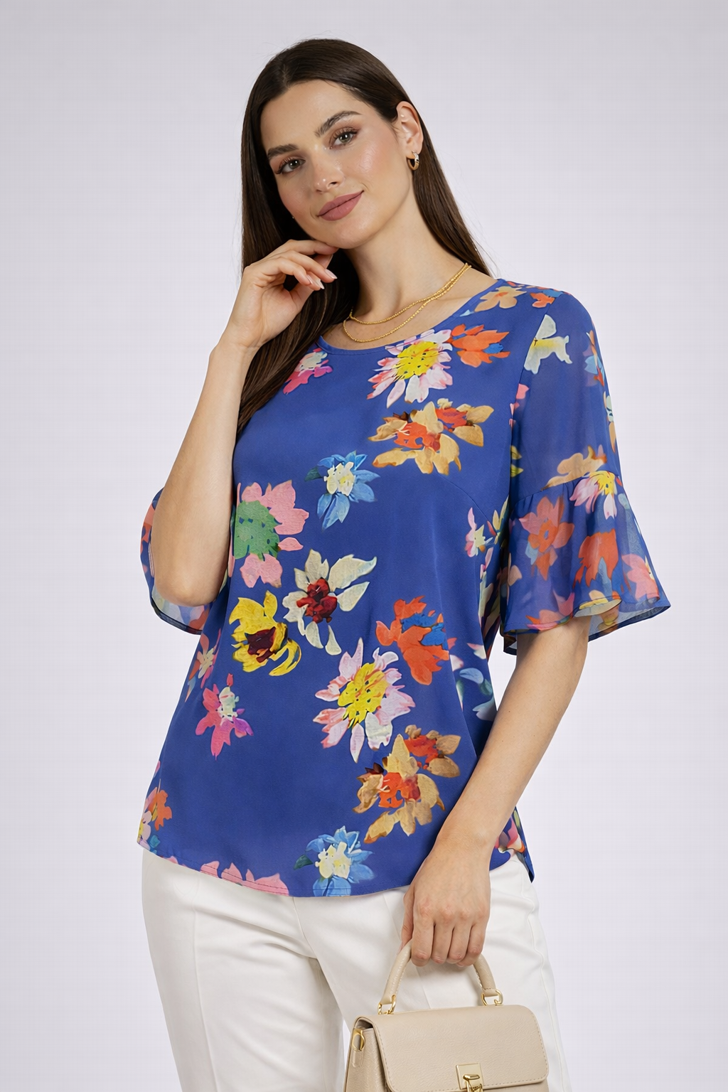Multicolored Women's Blouse with Blue Base – Floral Style 2026 26115 / 2026 Multicolored Women's Blouse with Blue Base – Floral Style 2026 26115 / 2026