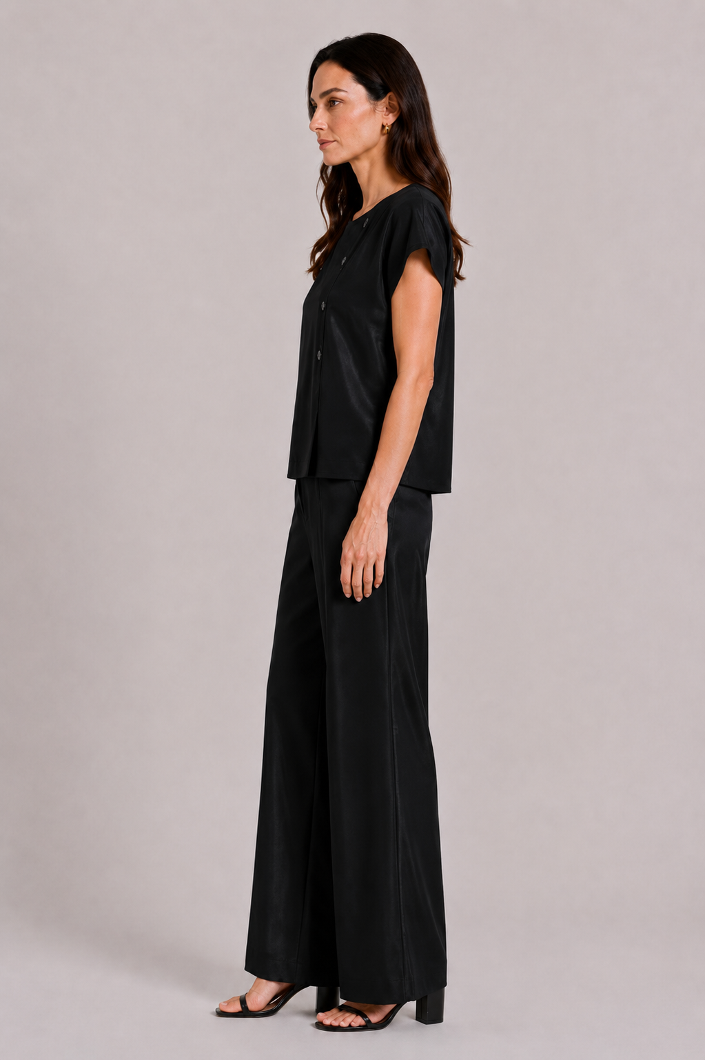 Black Tencel Women's Set with Blouse and Wide Pants 26131 - 128 black / 2026 Black Tencel Women's Set with Blouse and Wide Pants 26131 - 128 black / 2026