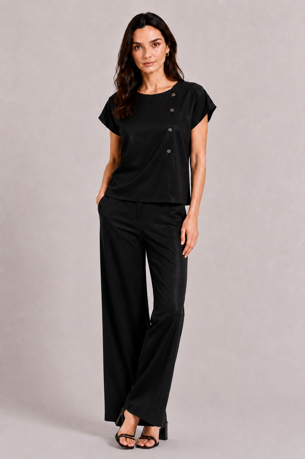 Black Tencel Women's Set with Blouse and Wide Pants 26131 - 128 black / 2026 Black Tencel Women's Set with Blouse and Wide Pants 26131 - 128 black / 2026