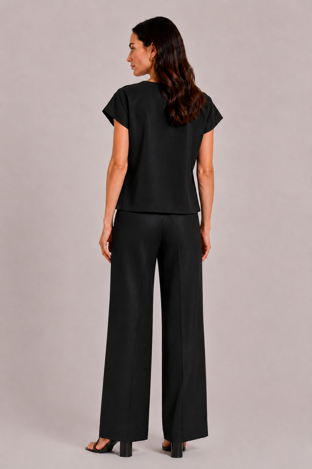 Black Tencel Women's Set with Blouse and Wide Pants 26131 - 128 black / 2026 Black Tencel Women's Set with Blouse and Wide Pants 26131 - 128 black / 2026